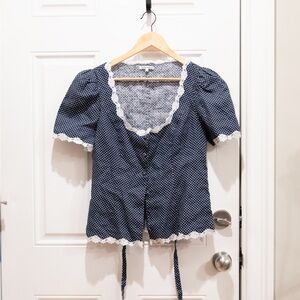 Reformation Navy Polka Dot Blouse with White Trim